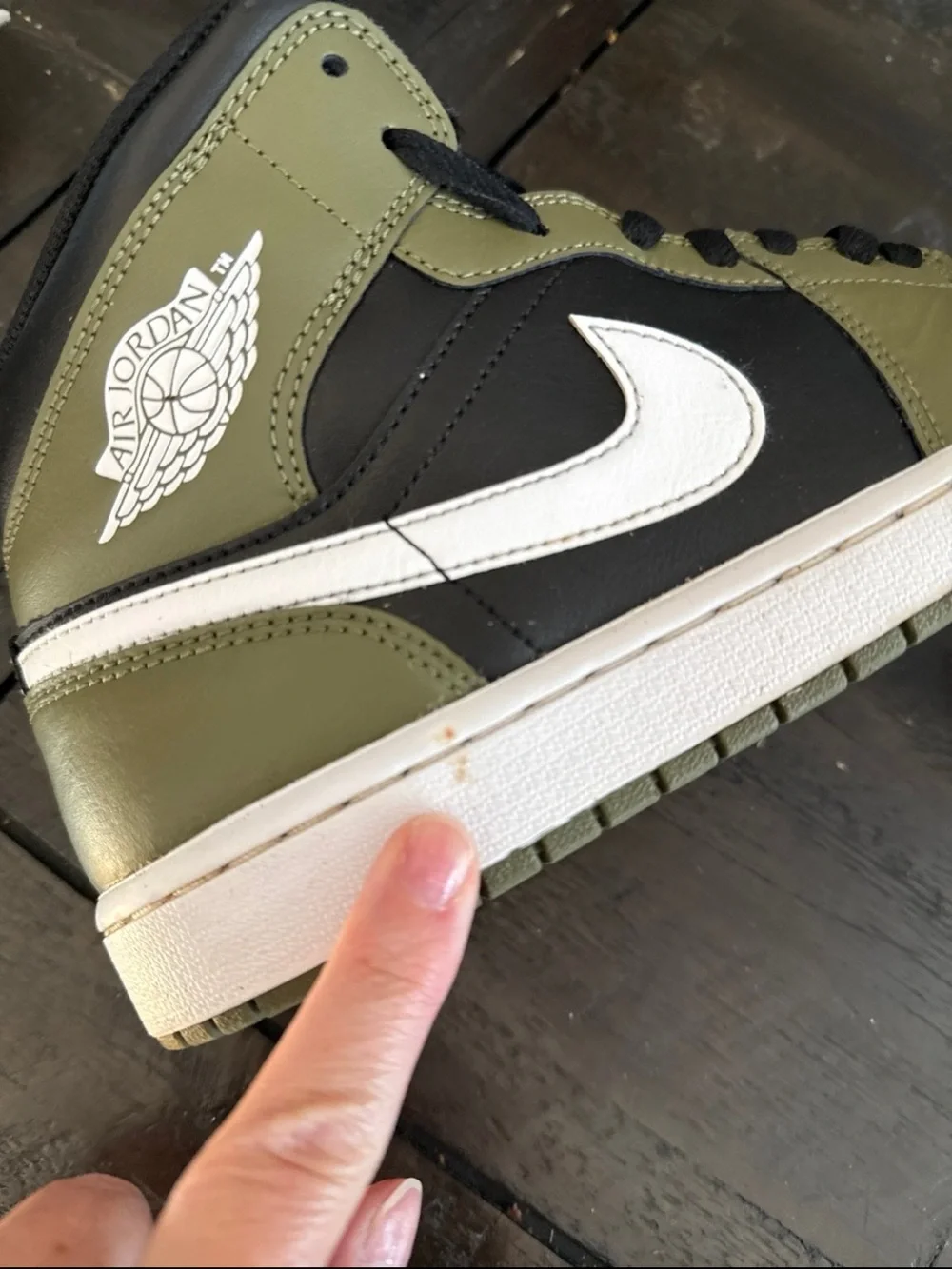 Jordan 1 Mid Black White Olive. Mens 10. pre-owned. Worn.